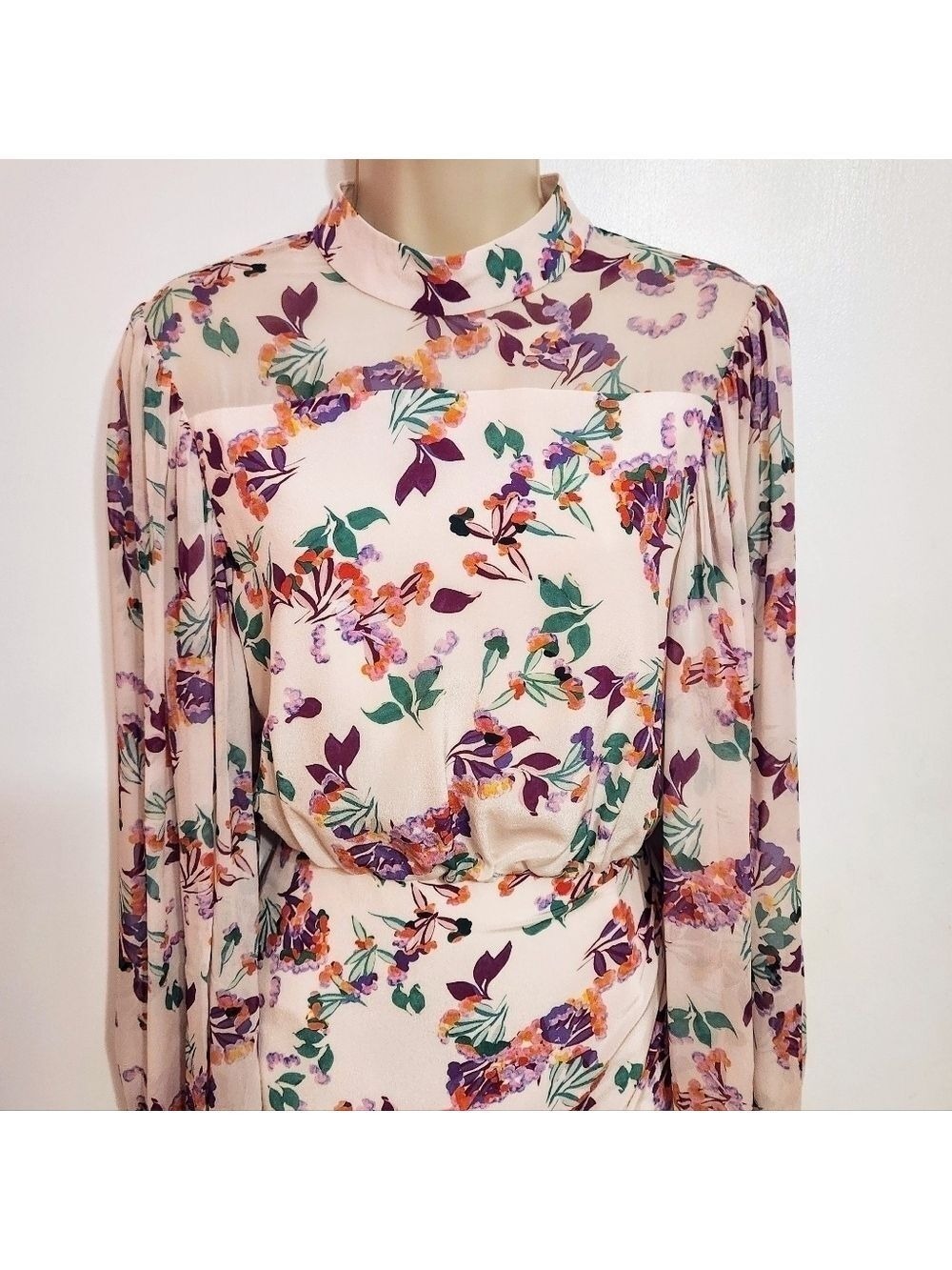 Saloni Rina Floral Silk Long Sleeve Mini Cocktail Dress - Picture 3 of 12